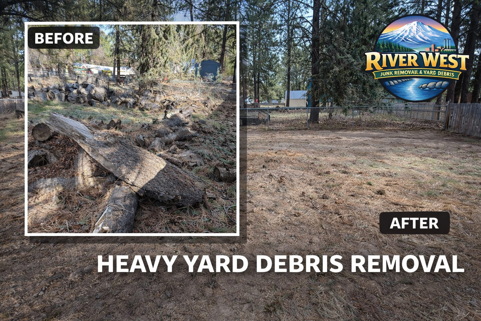 Before and after heavy yard debris removal job in Bend Oregon